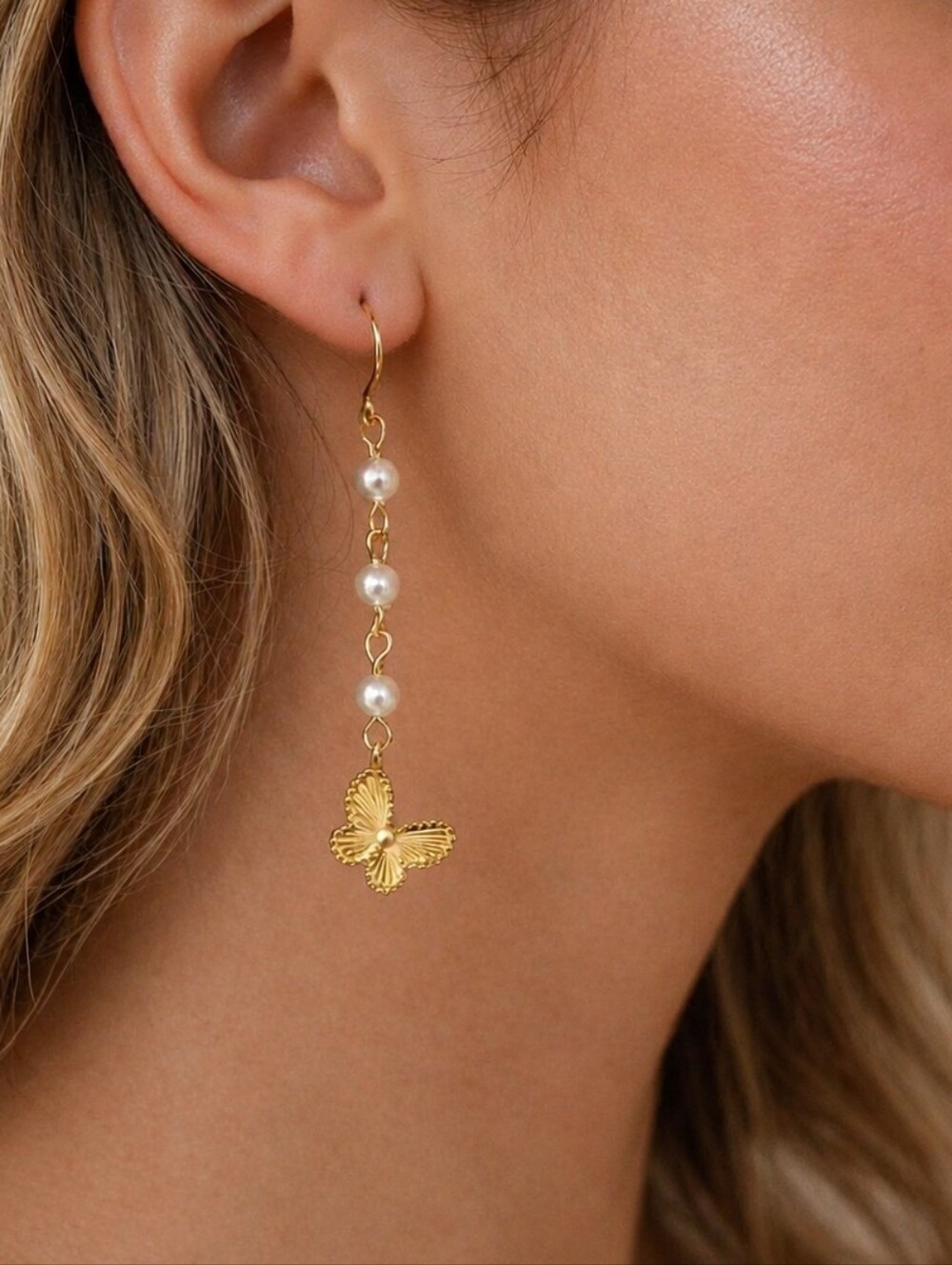 14K Gold-Plated Butterfly Pearl Drop Earrings | Handmade